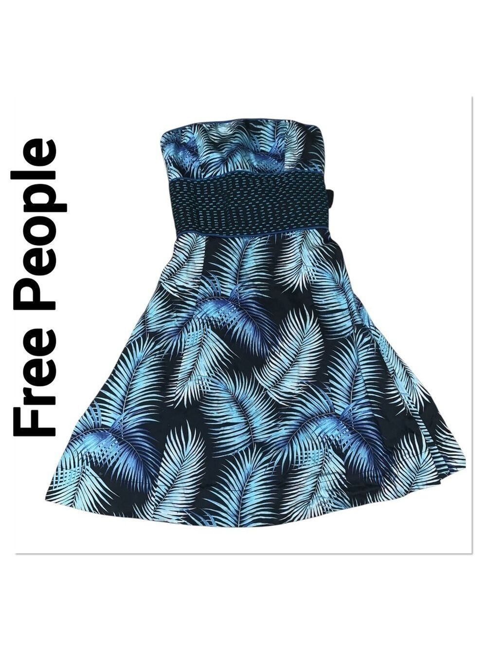 FREE PEOPLE Blue Feather Print Strapless Fit & Flare Sun Dress size 6